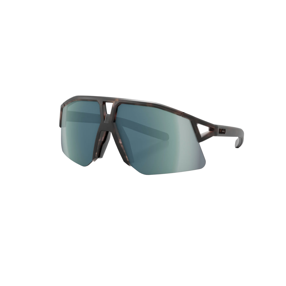 KOO Hype Havana Matt / Petrol Mirror sunglasses at an angle, brown half frame and petrol mirror lens