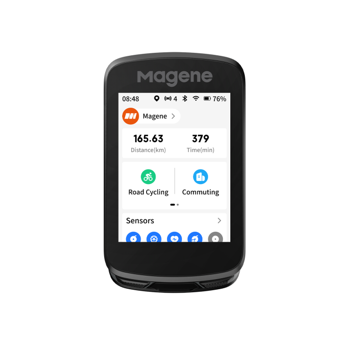 Magene C606 V2 -pyöräilytietokone edestä, värinäytöllä aloitusnäkymä.