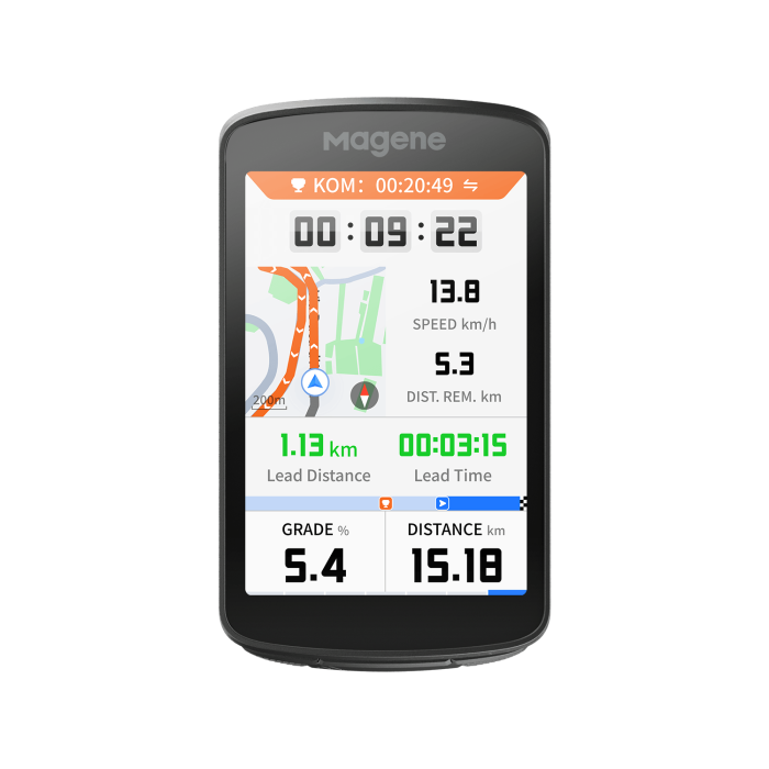 Magene C706 -pyöräilytietokone edestä, näytöllä kartta ja Strava-segmentin tiedot.