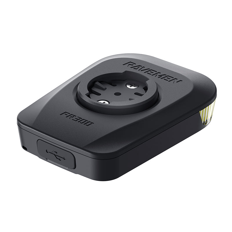 Ravemen FR300 ANT+ -etuvalon USB-C-portin suojus ja mittarikiinnitys.