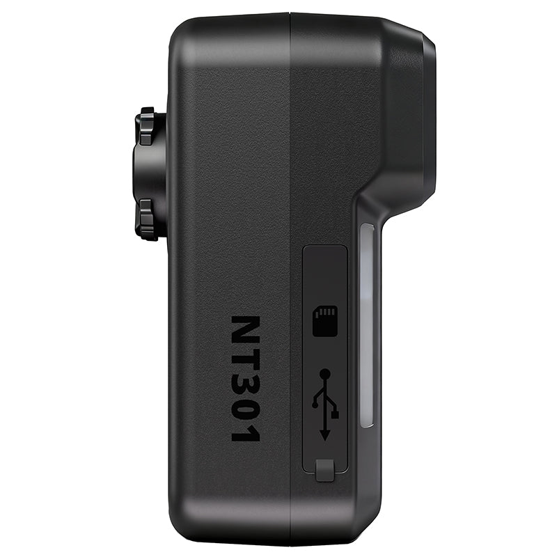 Ravemen NT301 -takavalon sivuprofiili ja USB-C-portin sekä muistikorttipaikan suojus.