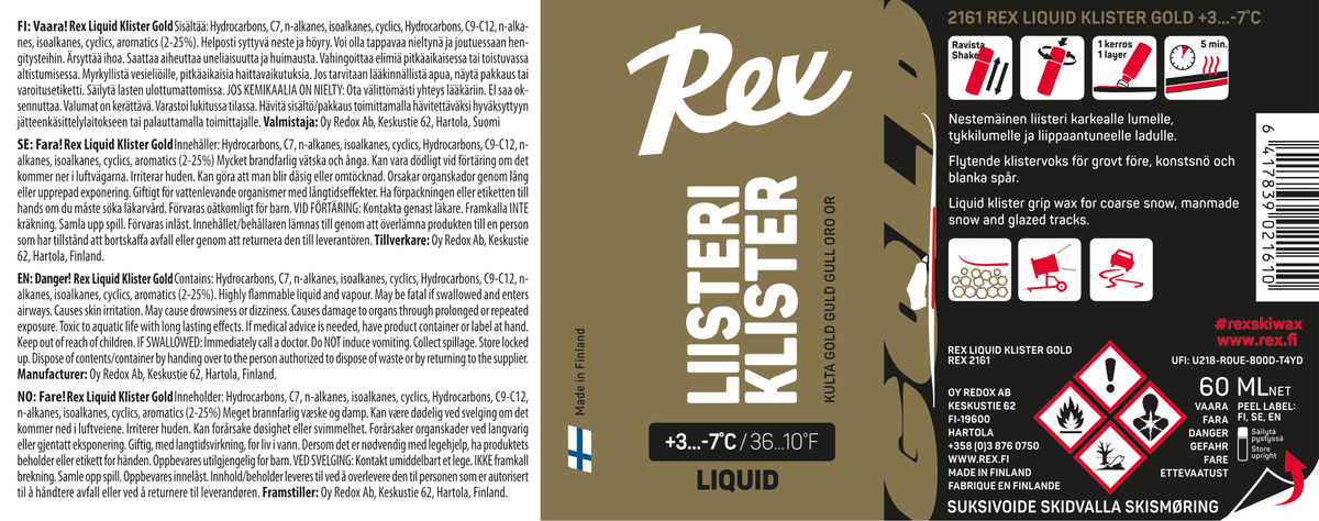 Rex Liquid Gold Klister 2161, 60 ml – etiketti ja kelialue +3…−7 °C