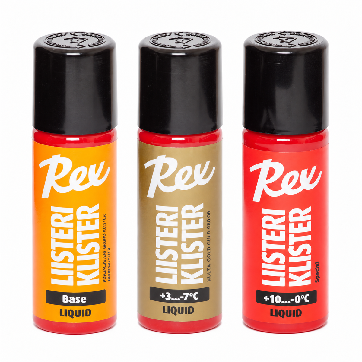 Rex Helpot nesteliisterit: Liquid Base-, Liquid Gold- ja Liquid Red -nesteliisterit pulloissa.
