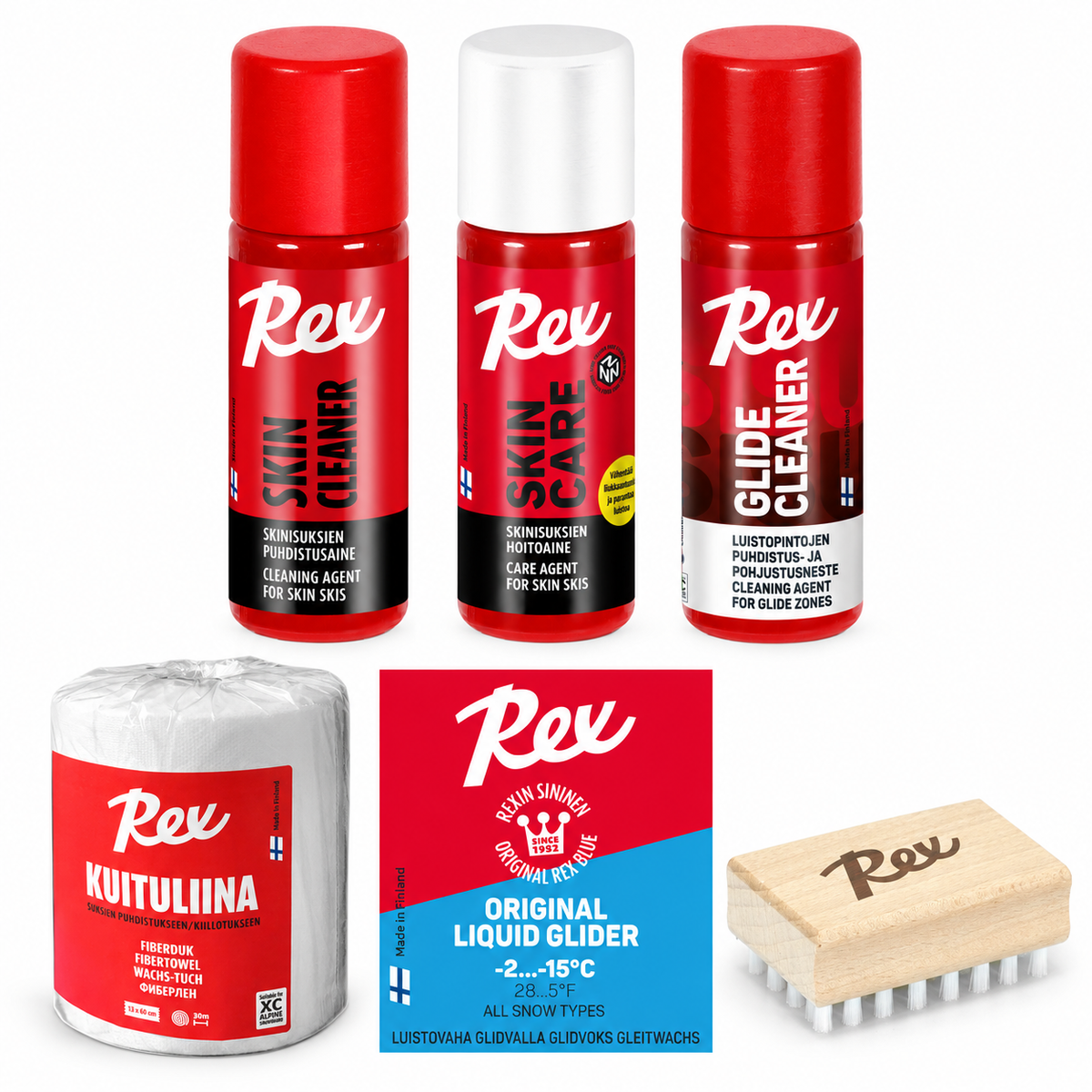 Rex Skinisuksen koko huolto: Skin Cleaner, Skin Care, kuituliina, SISU Glide Cleaner, Original Sinisen etikettikuva ja pieni nylonharja.