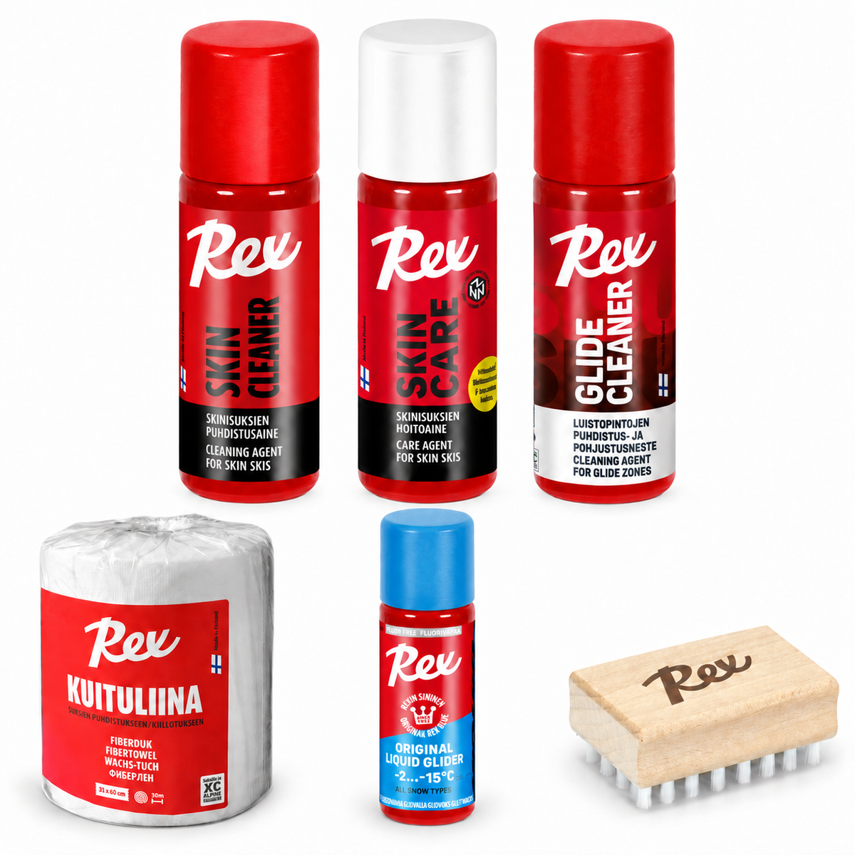 Rex Skinisuksen koko huolto: Skin Cleaner, Skin Care, SISU Glide Cleaner, Original Sininen, kuituliina ja pieni nylonharja.
