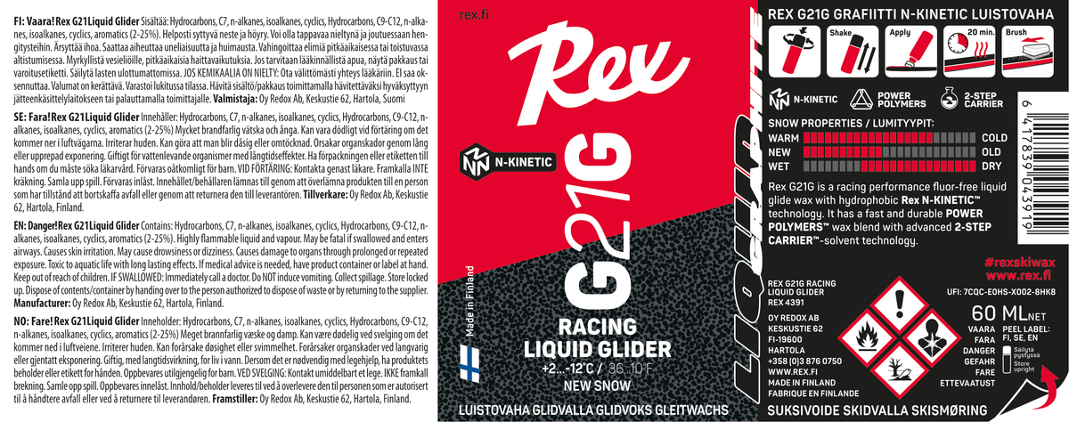 Rex G21G nesteluisto 60 ml, SKU 4391: virallinen sienipullon etiketti uudelle lumelle, +2…−12 °C