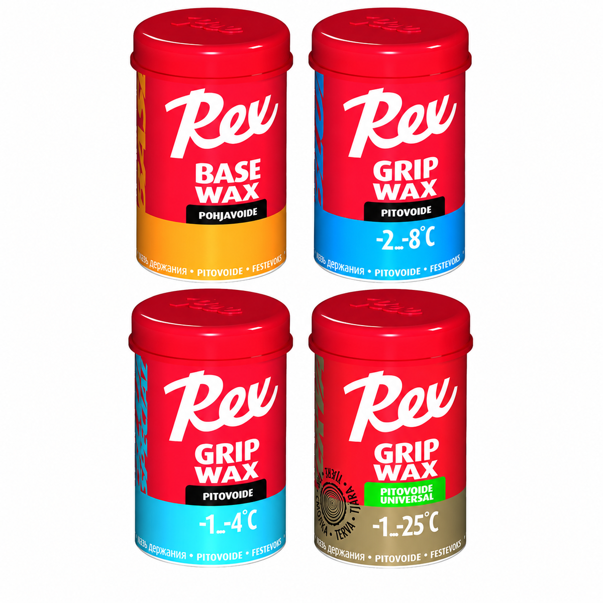 Rex Perinteisen peruspaketti: Base Wax, Original Blue, Blue Special ja Universal Tar -pitovoiteet.