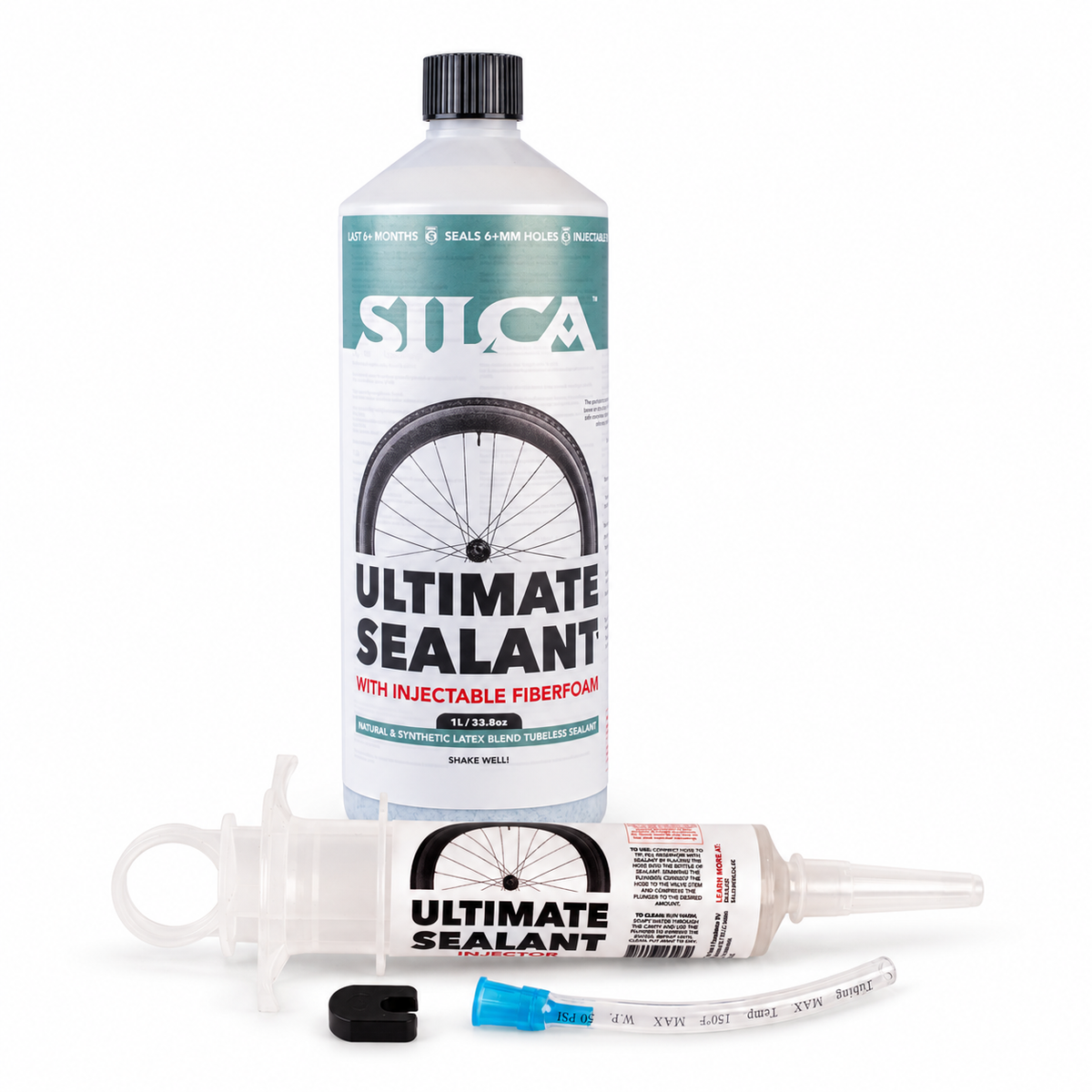 SILCA Tubeless-Set: Ultimate Tubeless Sealant 2.0 in der 1-Liter-Flasche mit Ultimate Sealant Injector.