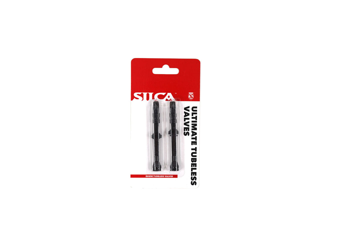 SILCA Ultimate Tubeless-Ventilpaar, 50 mm, in der Verkaufsverpackung.